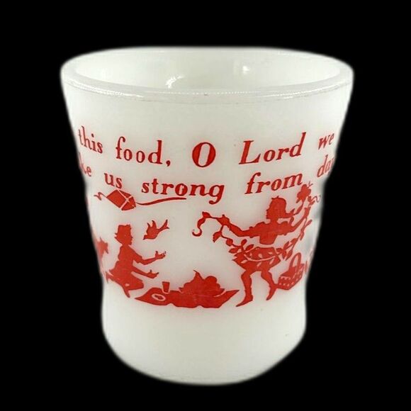VTG Fire King Ware 8oz White With Red Illustrations & Mealtime Prayer Milk Glass - Picture 2 of 5